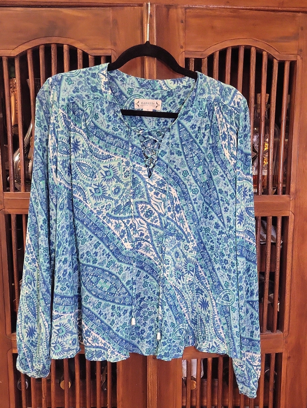 Nannette Lepore Blue Multi Paisley Lace-Up Boho Blouse